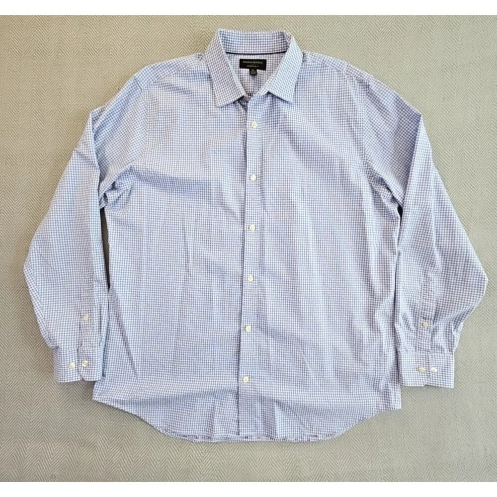 Banana Republic Shirt Mens XL 17-17.5 35-36 Non-Iron Blue Check Slim Fit EUC Top